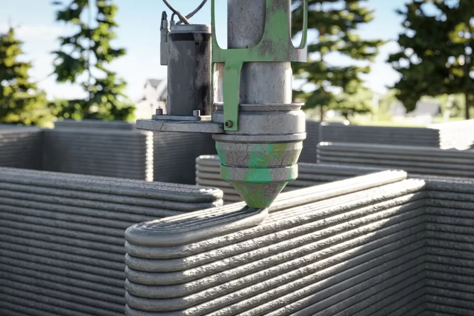 Close-up of CNC machine 3D printing a concrete house wall.